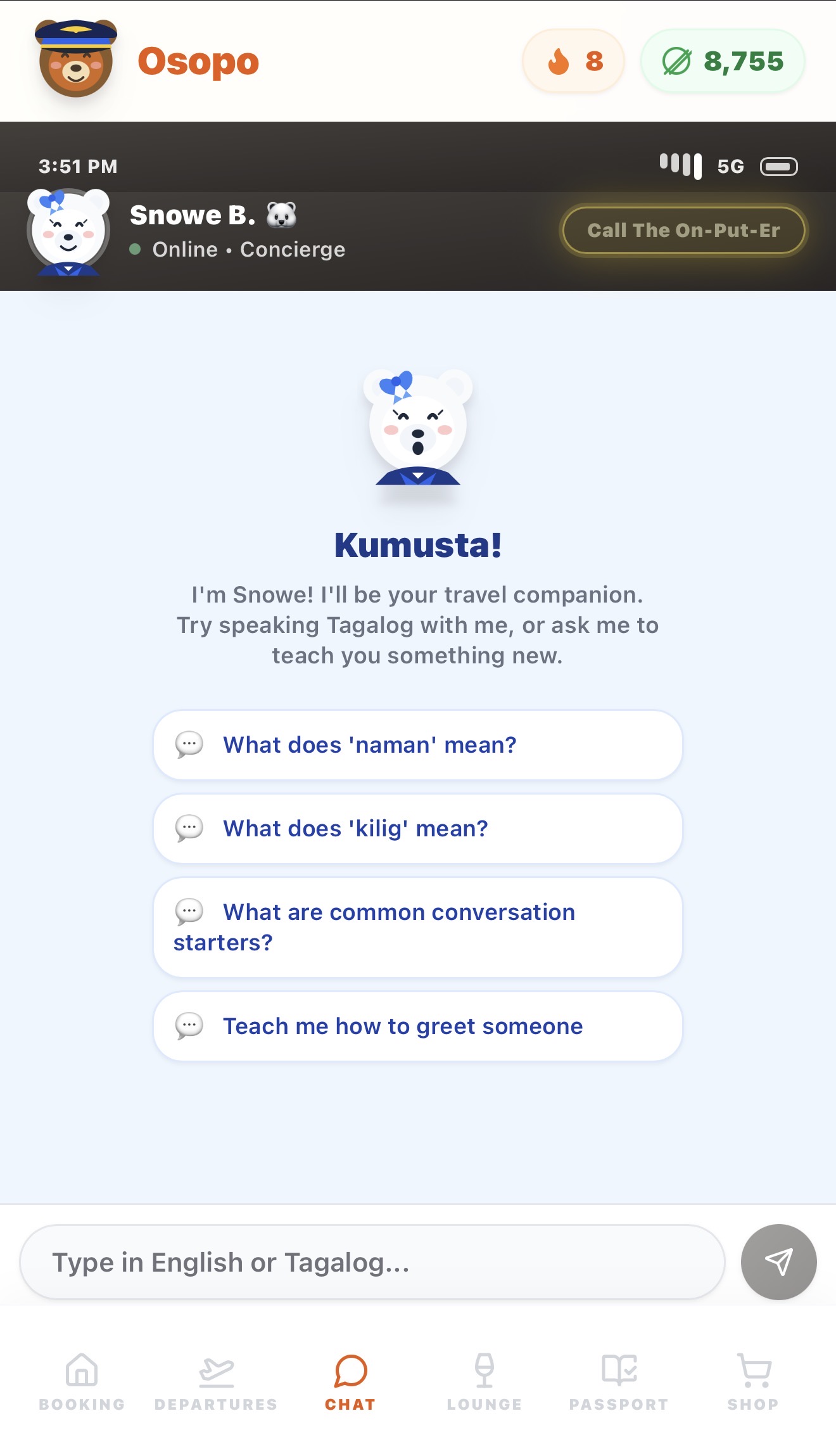 OSOPO Snowe B concierge chat screen