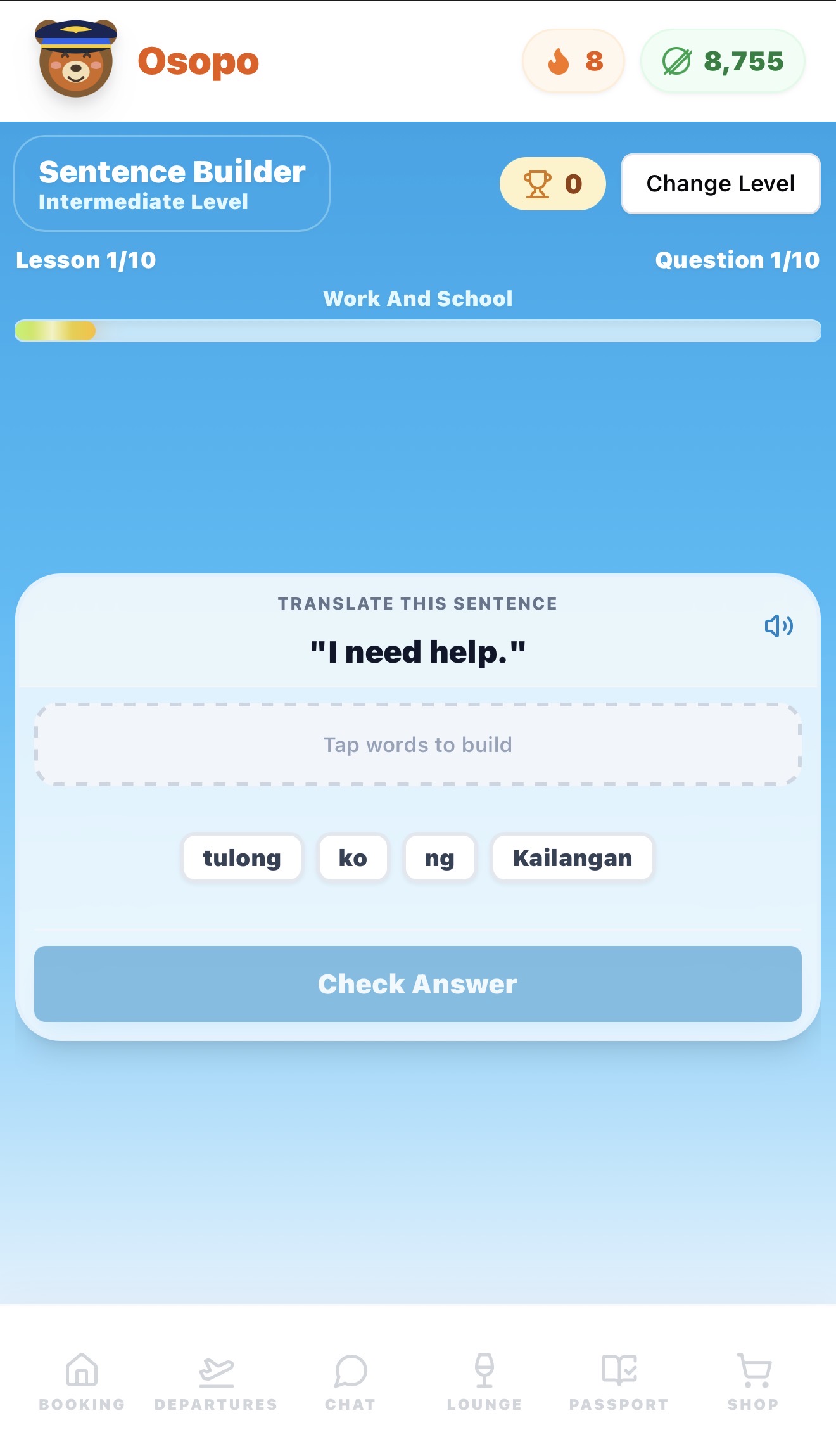 OSOPO sentence builder screen